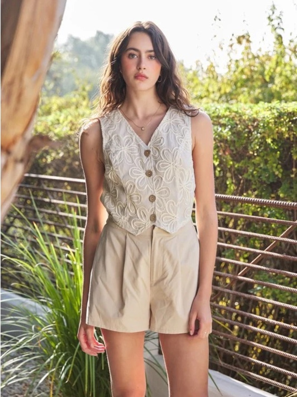 Sleeveless Cream Embroidered Button Vest Romper